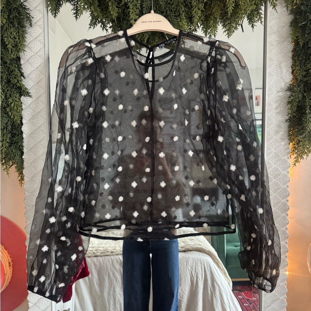 Zara Black Sheer Blouse with White Floral Design